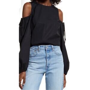 NWT Open Edit Black Cold Shoulder Long Sleeve Cotton Blouse Top M